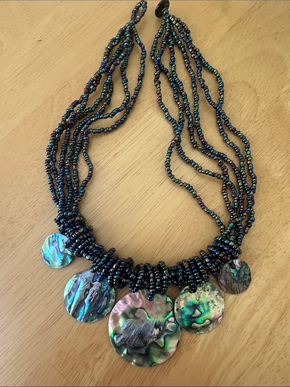Beaded Necklace, Abalone shell Multi-Strand seed beads in Iridescent Teal
